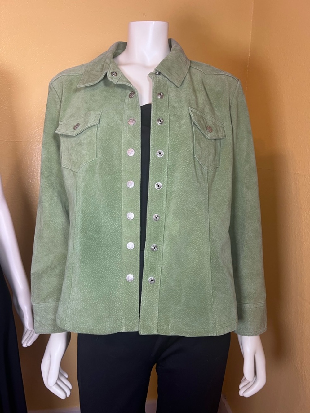 Vintage Suede Leather Western Shacket Jacket, sage green XL - Picture 2 of 7